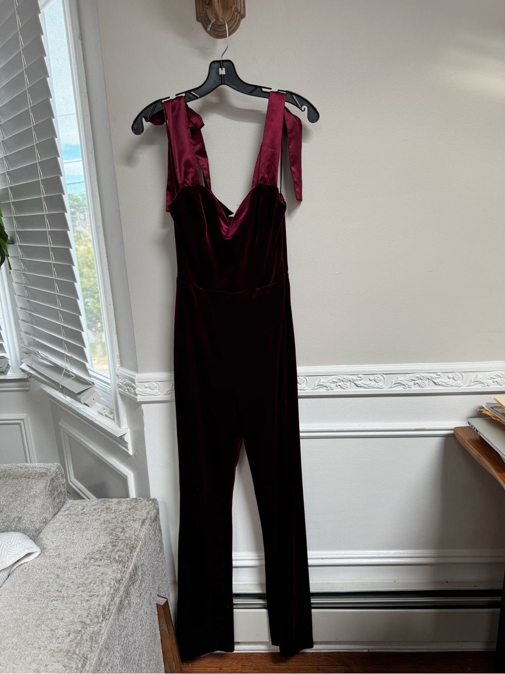 Endless Rose Burgundy Velvet Jumpsuit with Satin Tie Straps